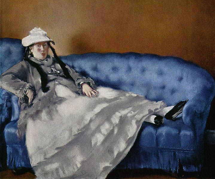 Portrat der Frau Manet auf blauem Sofa